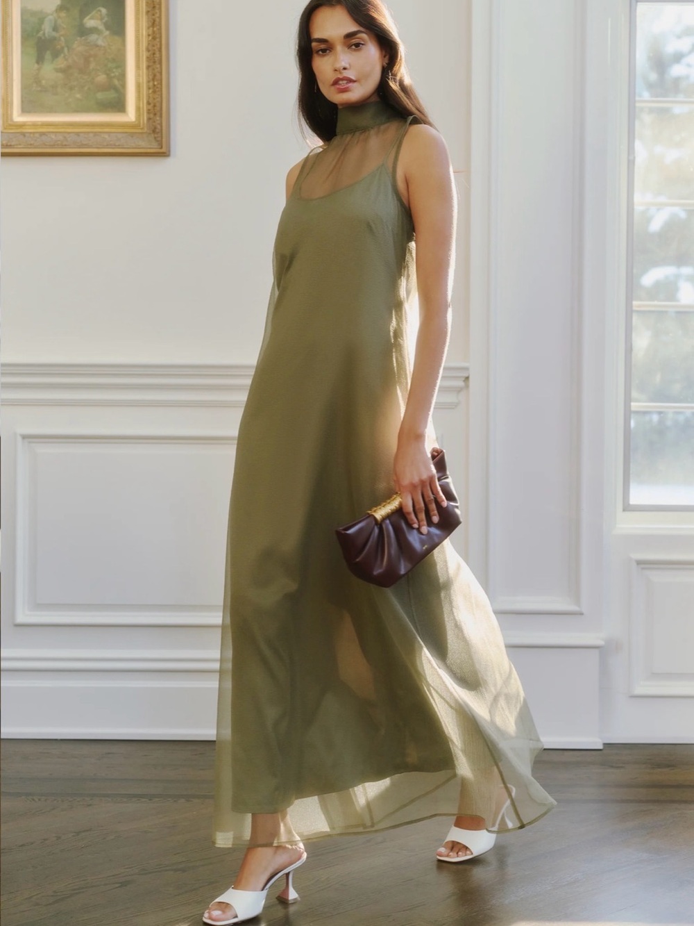 Sleeveless Olive Maxi Dress with Sheer High Neck - Picture 6 of 6